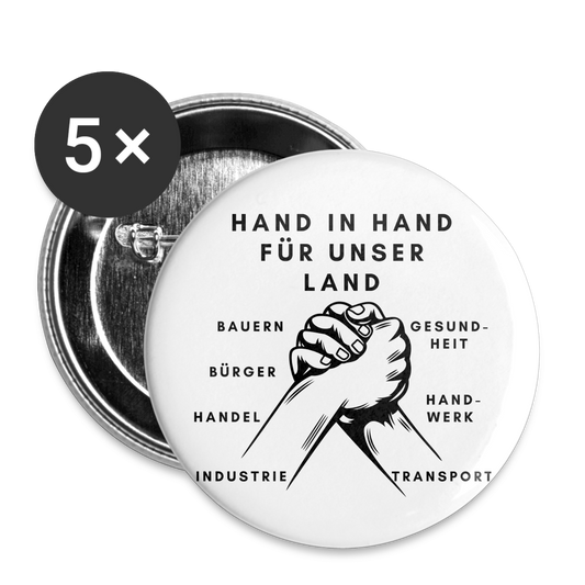 Buttons groß 56 mm (5er Pack) - Hand in Hand für unser Land - weiß