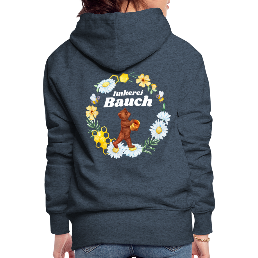 Frauen Premium Hoodie Bauch Logo vorne und hinten - Jeansblau