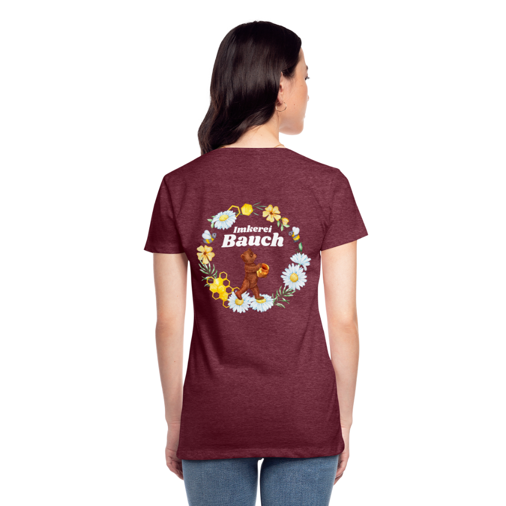 Frauen Premium T-Shirt Bauch Logo vorne und hinten - Bordeauxrot meliert