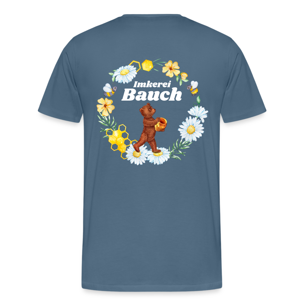 Männer Premium T-Shirt Bauch Logo vorne und hinten - Blaugrau