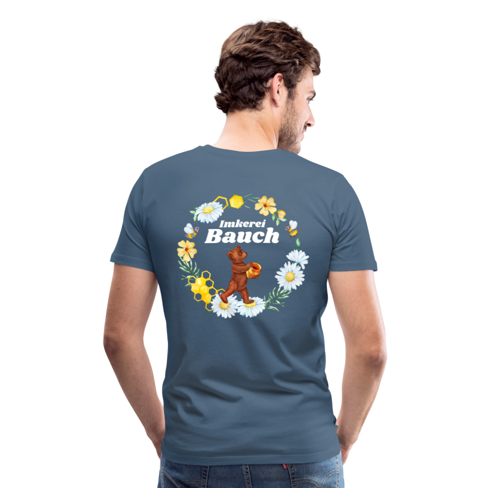 Männer Premium T-Shirt Bauch Logo vorne und hinten - Blaugrau