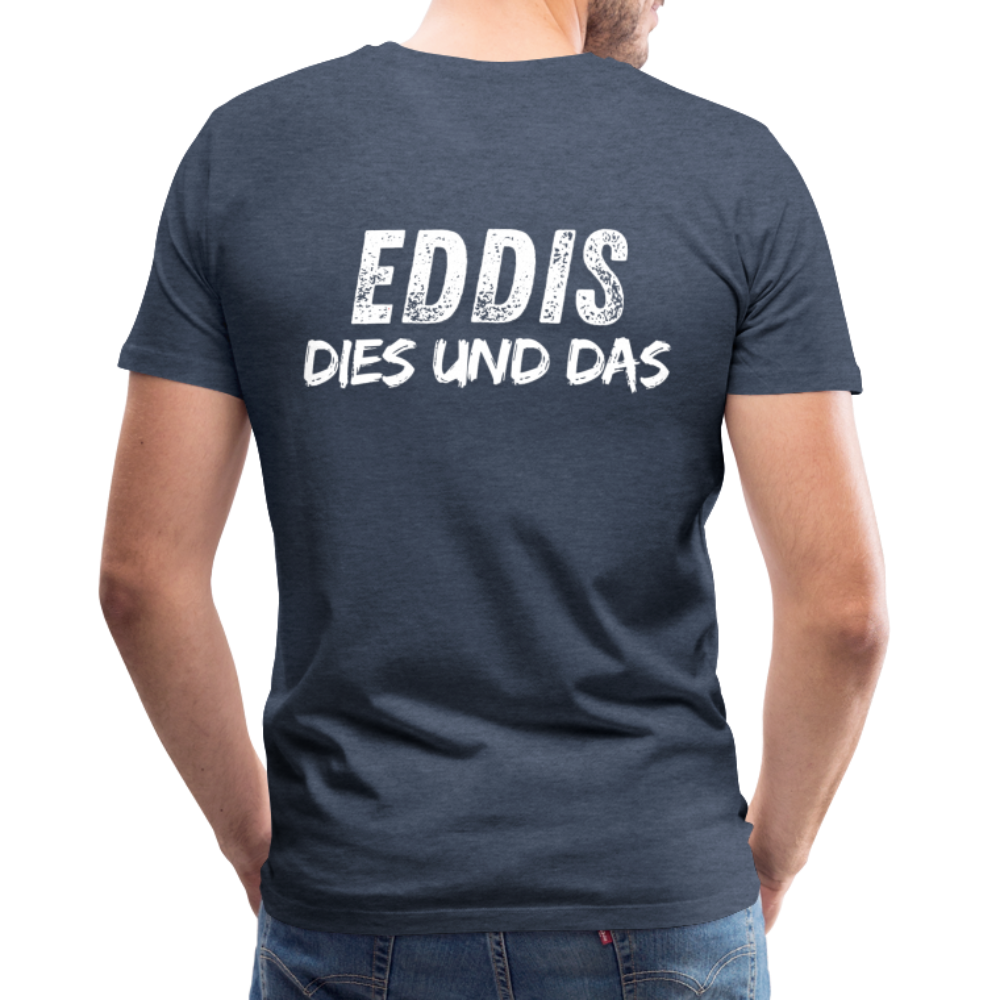 Männer Premium T-Shirt Bauch Logo vorne und EDDIS DIES UND DAS hinten - Blau meliert